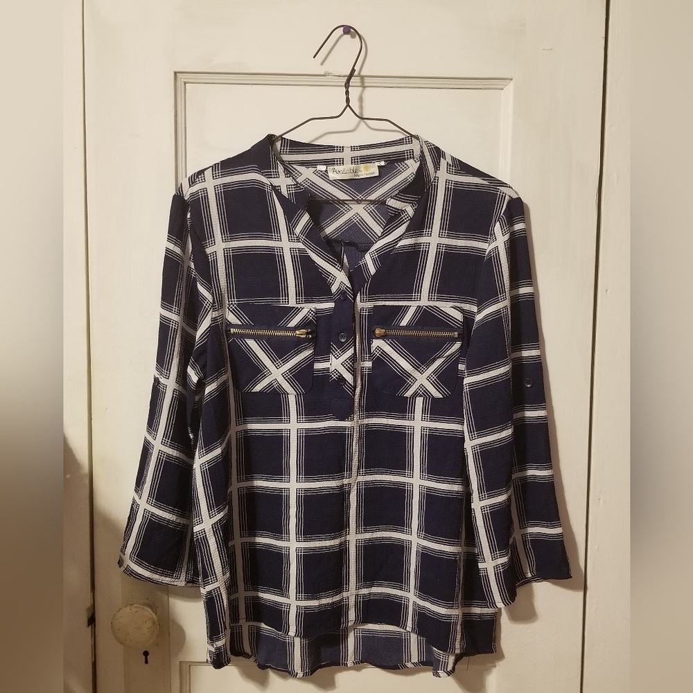 Available by Angela Fashion Blue Checkered Plaid Blouse